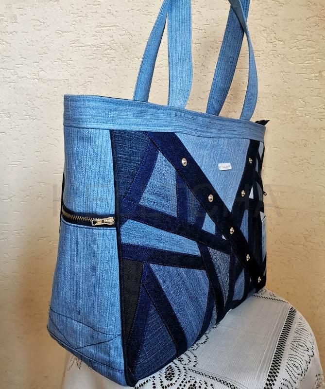 Ručně šitá riflová taška s patchworkem OPÁL 3