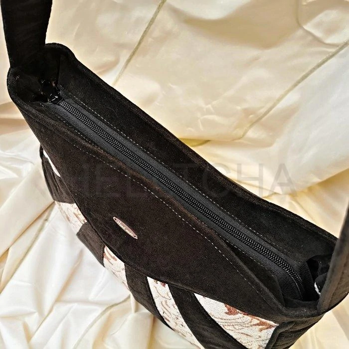 Luxusní hnědá kabelka s gobelínovou vsadkou ACHÁT 4