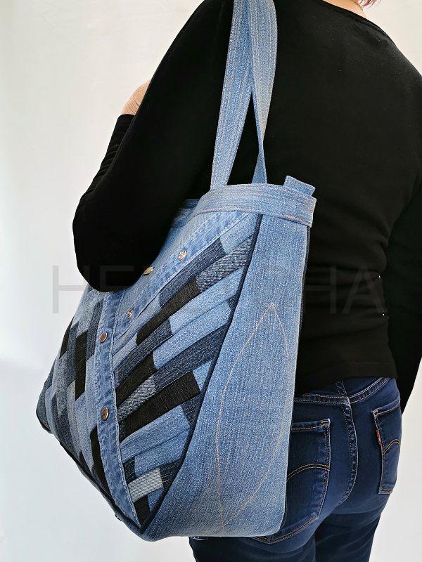 Ručně šitá jeansová taška s patchworkem OPÁL