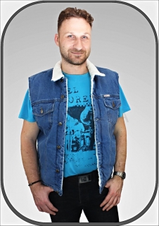 Pánská světle modrá jeansová vesta s kožíškem Míša